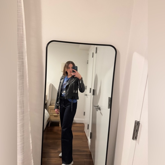 Zara Black faux Leather Biker Jacket w/ belt buttery soft semi cropped M 6 8 10 - Picture 2 of 6